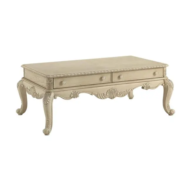 52 Inch Antique White Rectangular Coffee Table Two Drawers Storage Fancy Fixtures