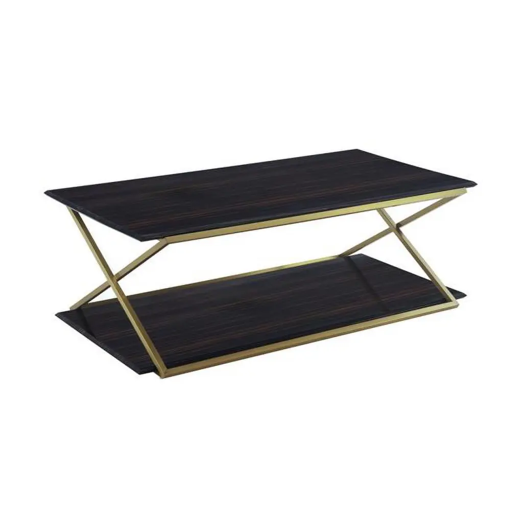 51 Inch Dark Brown Gold Rectangular Coffee Table Shelf Storage Fancy Fixtures