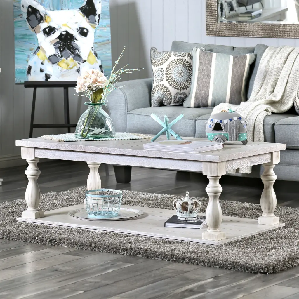Furniture America Avery 1-Shelf Coffee Table Antique White Stylish Storage