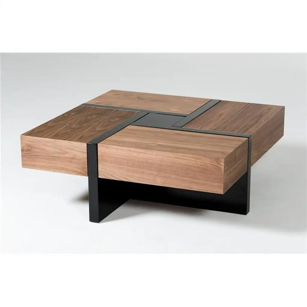 HomeRoots 471984 Modern Walnut Black Square Coffee Table Storage - Functional & Stylish