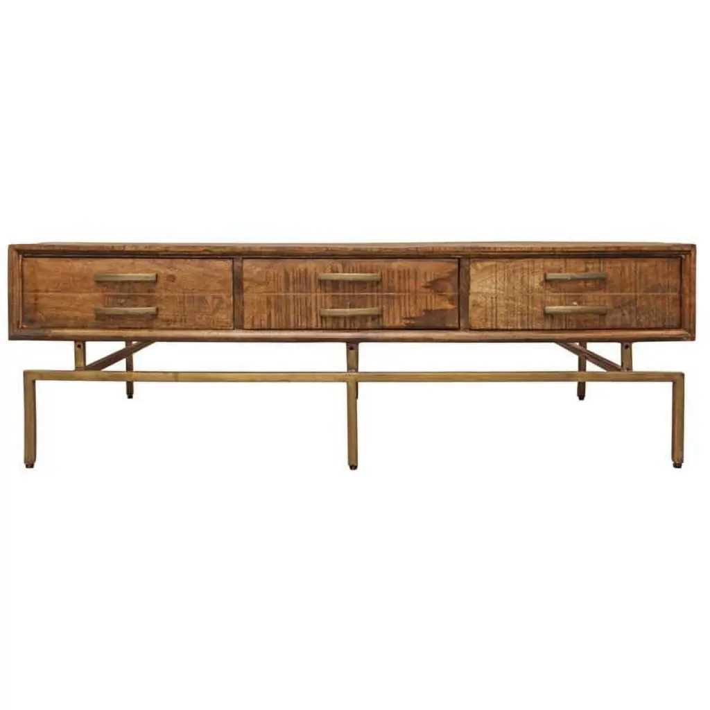 HomeRoots Brass Brown Solid Wood Rectangular Distressed Storage Coffee Table 18 x 56 x 32 Inches
