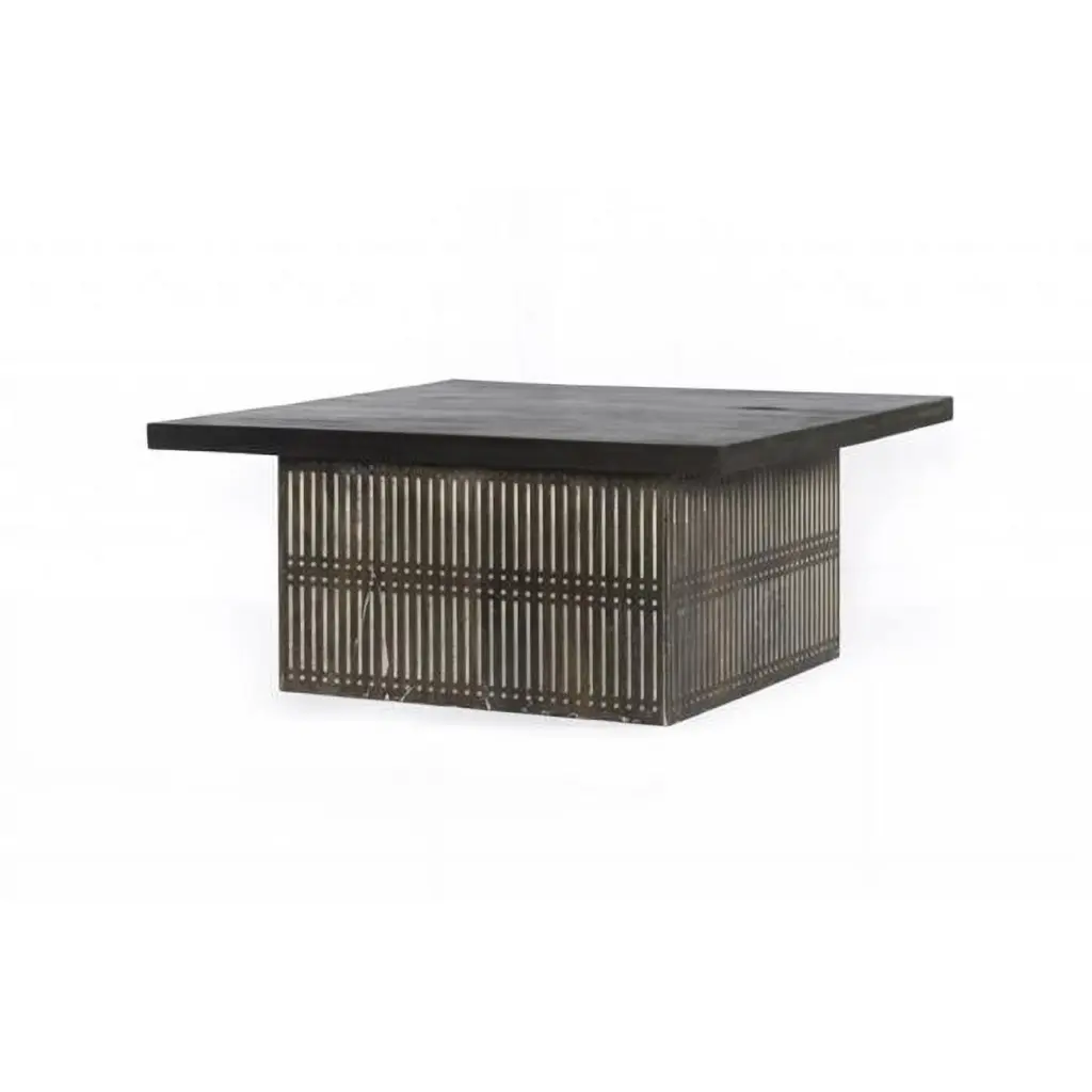 HomeRoots Carved Wood Storage Coffee Table Rustic Brown Finish