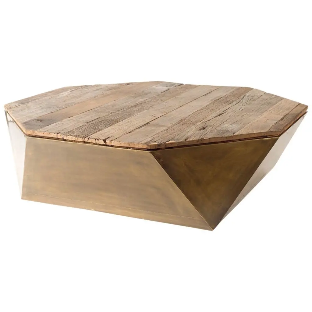 HomeRoots Hexagon Hinged Solid Wood Brass Metal Coffee Table Storage Light Brown