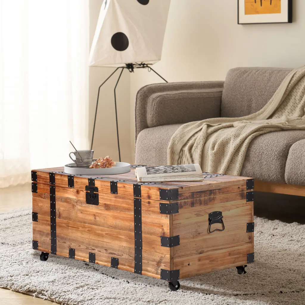 Large Capacity Trunk Coffee Table Four Wheels Natural Wood Finish housemart