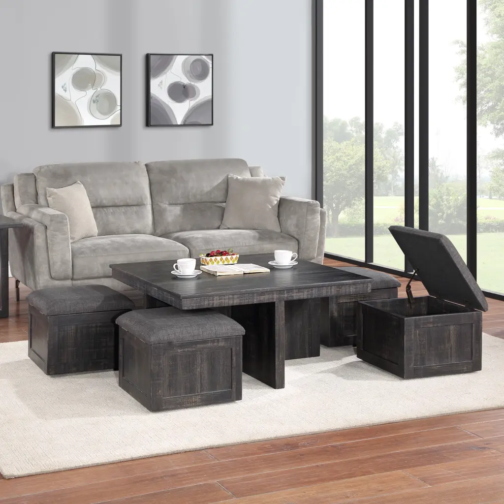 Moseberg 38 Inch Gray Oak Coffee Table Storage Stools Gray Elastomer Wood Living Room lilola home