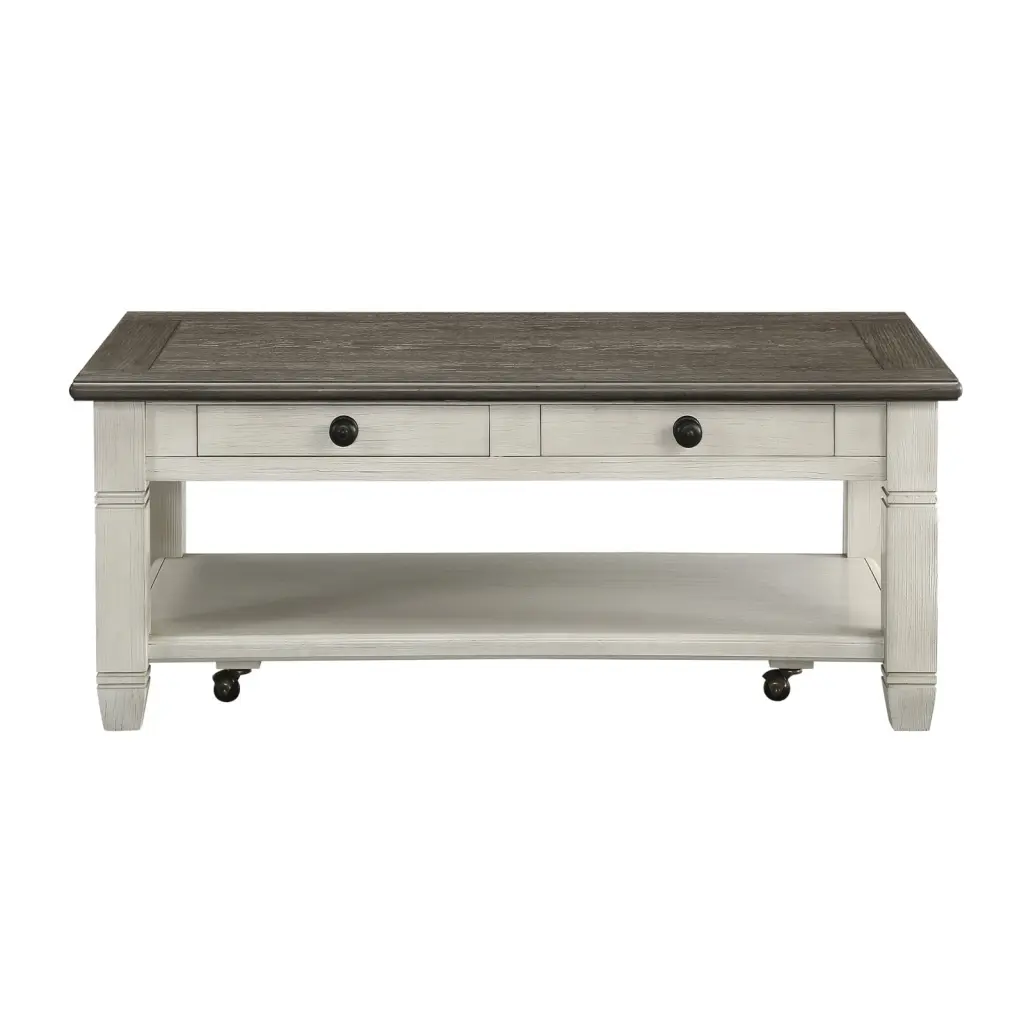 Miekor Furniture Rosy Brown and Antique White Finish Cocktail Table Casters and 2 Drawers Bottom Shelf
