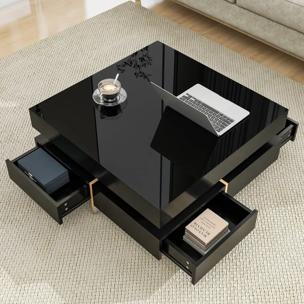 Modern High Gloss Coffee Table 4 Drawers Multi Storage Square Design on-trend