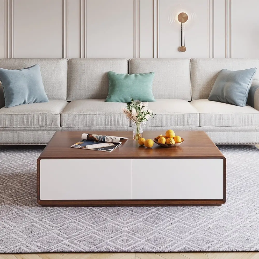 POVISON 51 Modern Rectangular Coffee Table 4 Solid Wood Drawers Walnut White