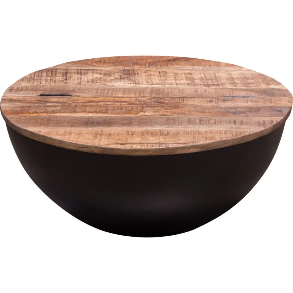 28 Inch Round Drum Storage Coffee Table Brown Wood Black Base royal hampton
