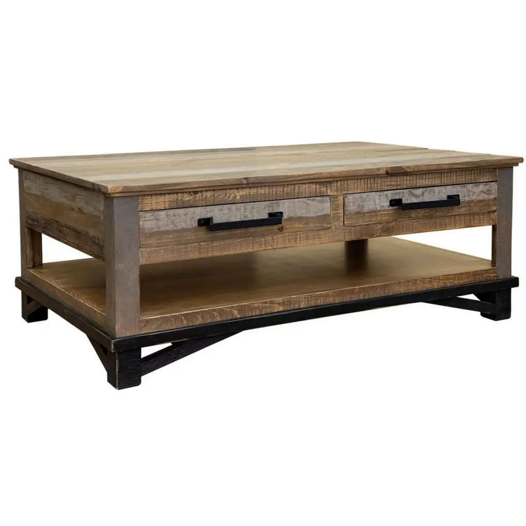 Peya 50 Inch 4 Drawer Coffee Table Shelf Distressed Gray Brown Pine Wood Saltoro Sherpi