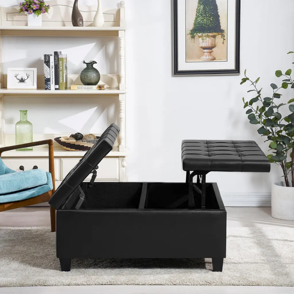 Supfirm Large Square Faux Leather Storage Coffee Table Living Room Bedroom Black