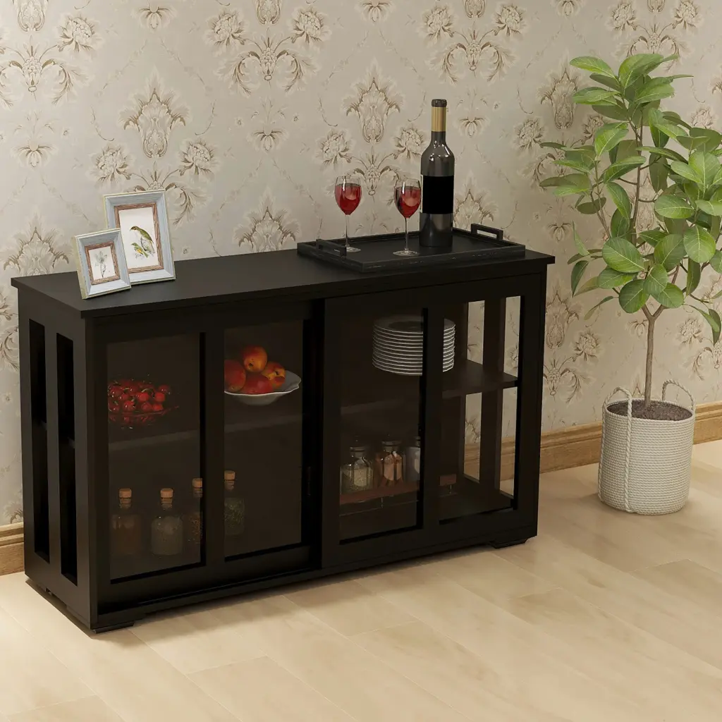 Kitchen Storage Stand Cupboard Crystal Glass Doors Black MDF Finish cl worthy houseware co.-ltd.