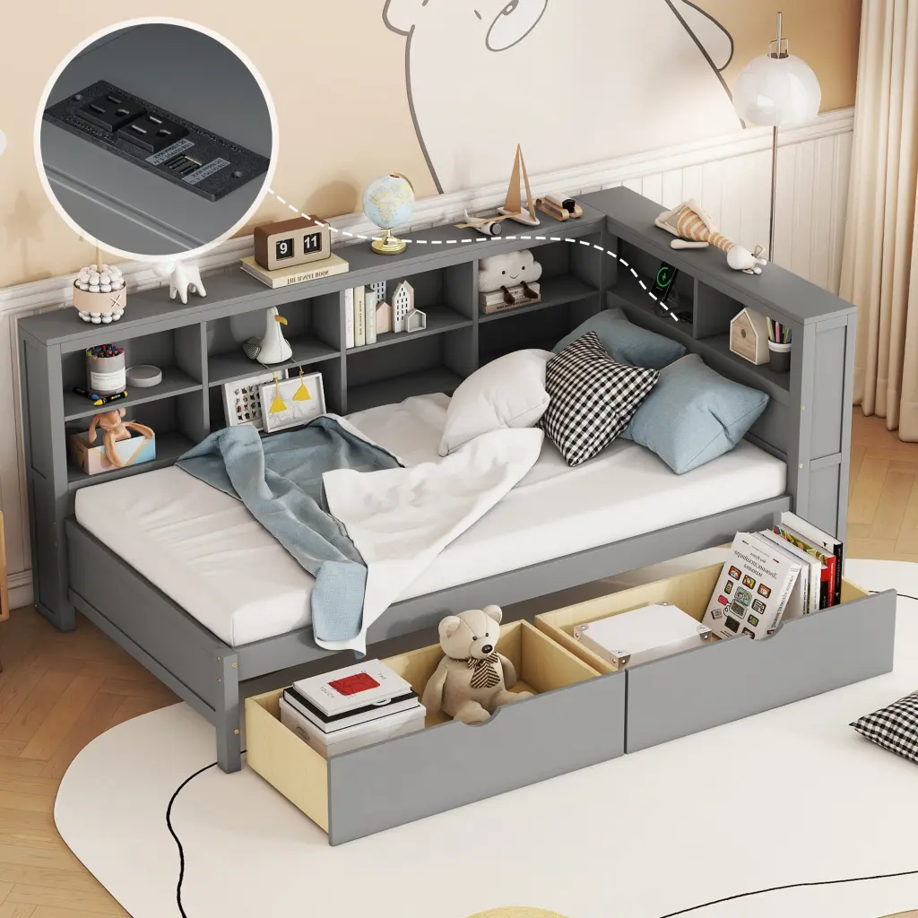 Timberen Twin Dimensions Daybed 2 Drawers and Storage Shelf Multi Functional Furniture homey life