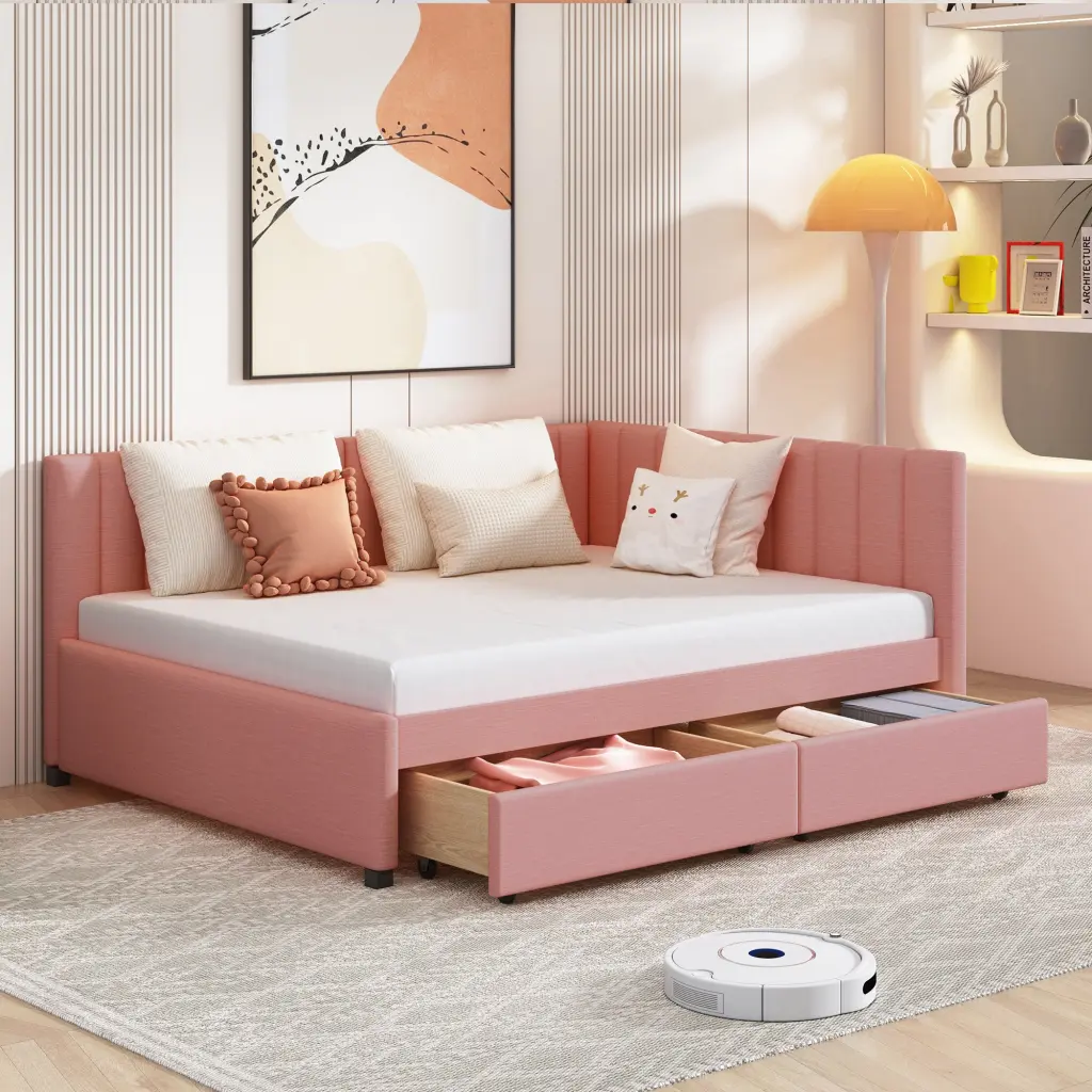 Full Dimensions Upholstered Daybed 2 Storage Drawers Sofa Bed Frame lucky furniture