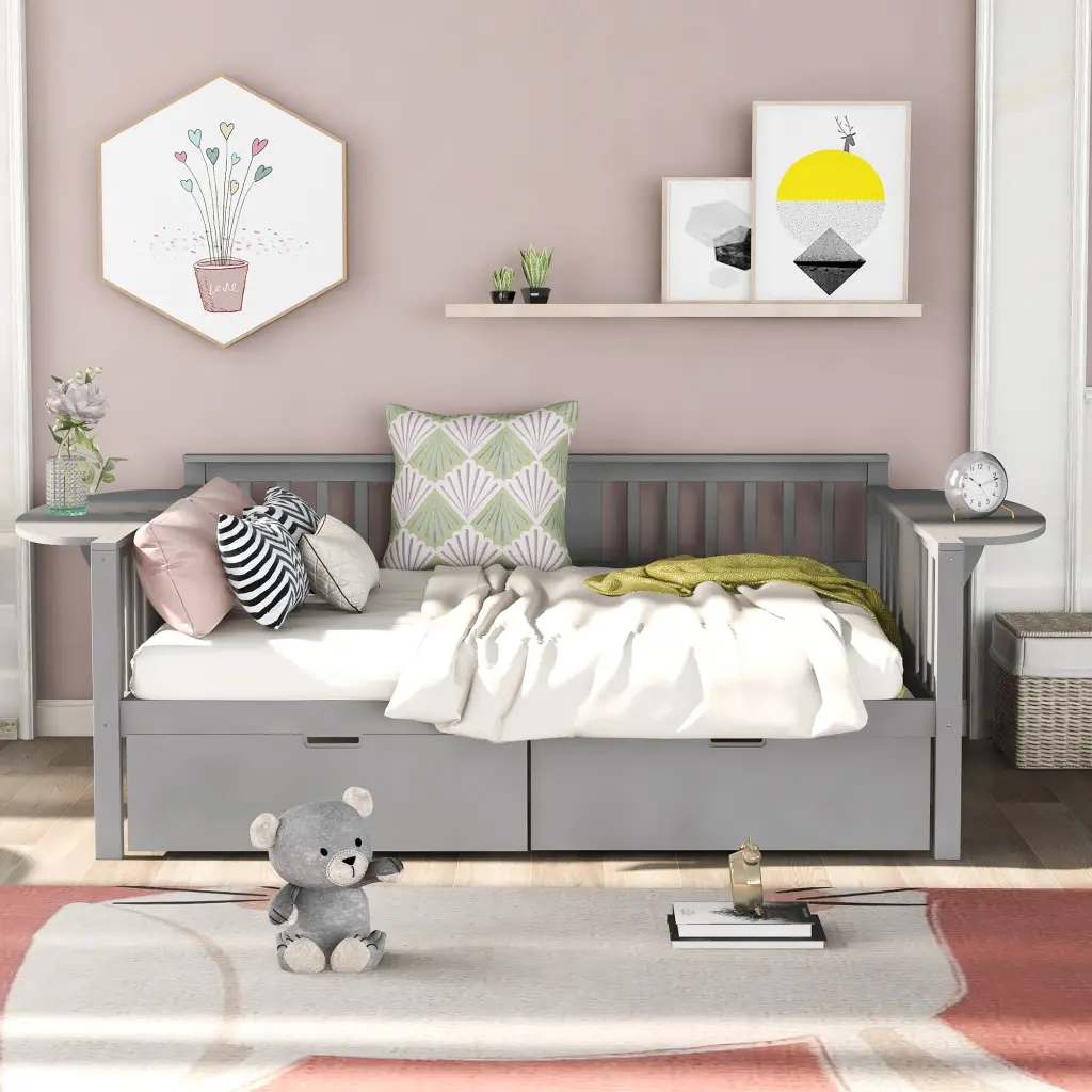 Full Size Daybed Two Drawers Wood Slat Support Gray lucky furniture