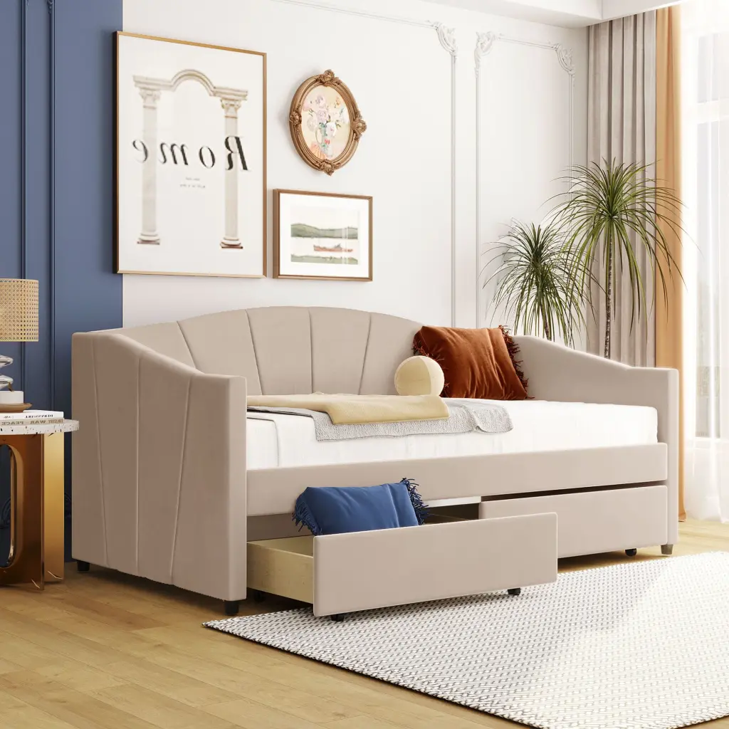 Upholstered Daybed Twin Dimensions Two Drawers Wood Slat Beige Convertible Sofa Guest Bed lucky furniture