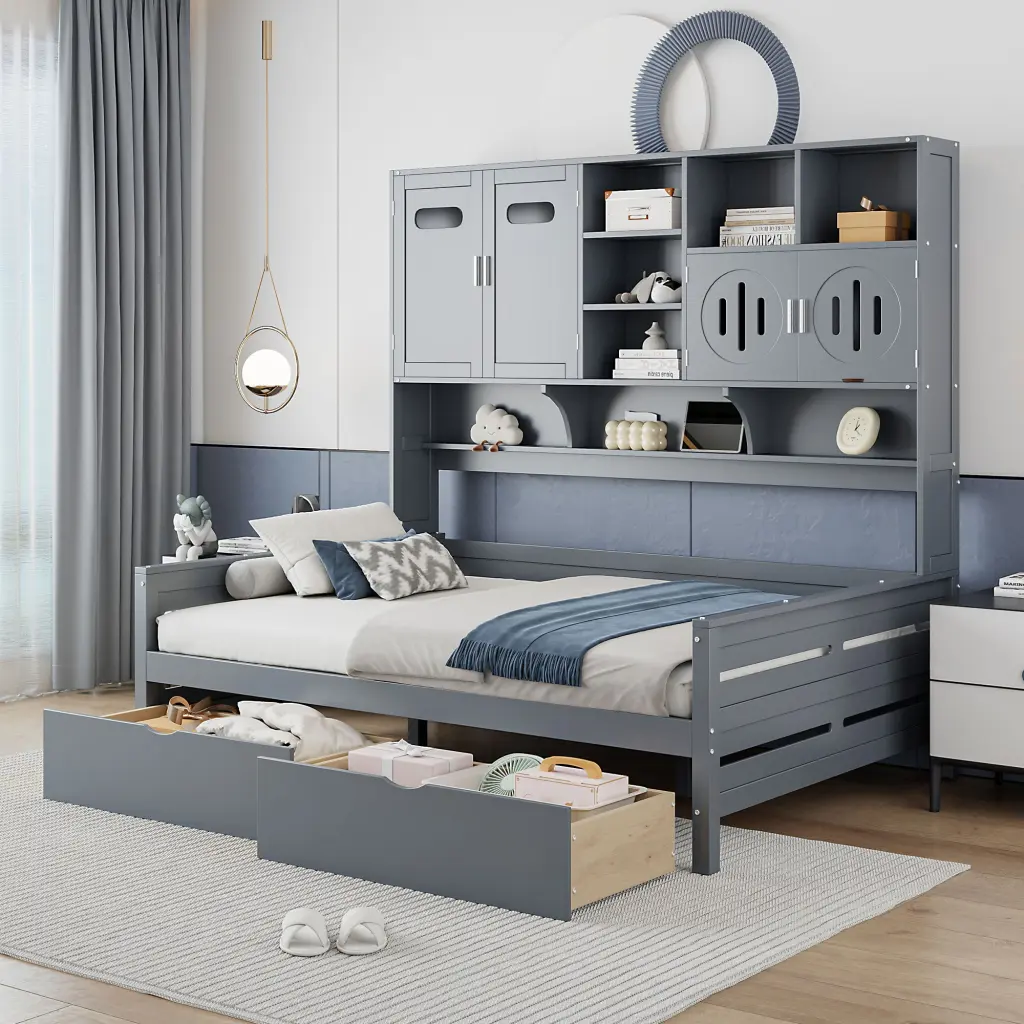 Full Size Wooden Daybed 2 Drawers, Cabinet and Shelf lucky home