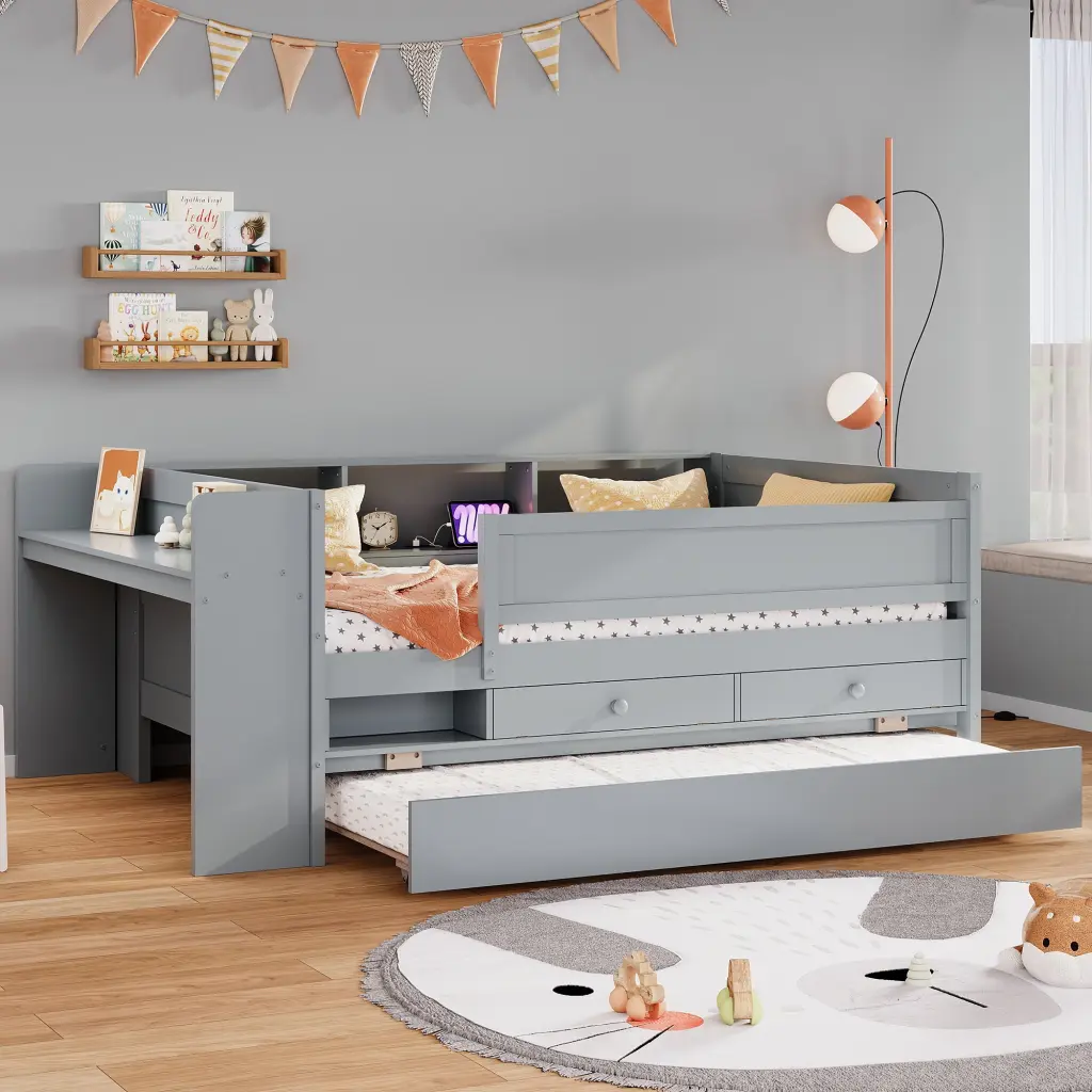 Multi Practical Twin Daybed Drawers and Trundle Headboard Storage wm store