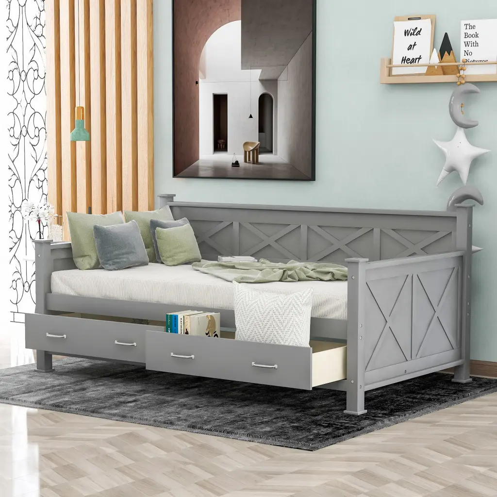 Twin Dimensions Daybed 2 Large Drawers, X-Influenced Frame, Modern Rustic Design wm store