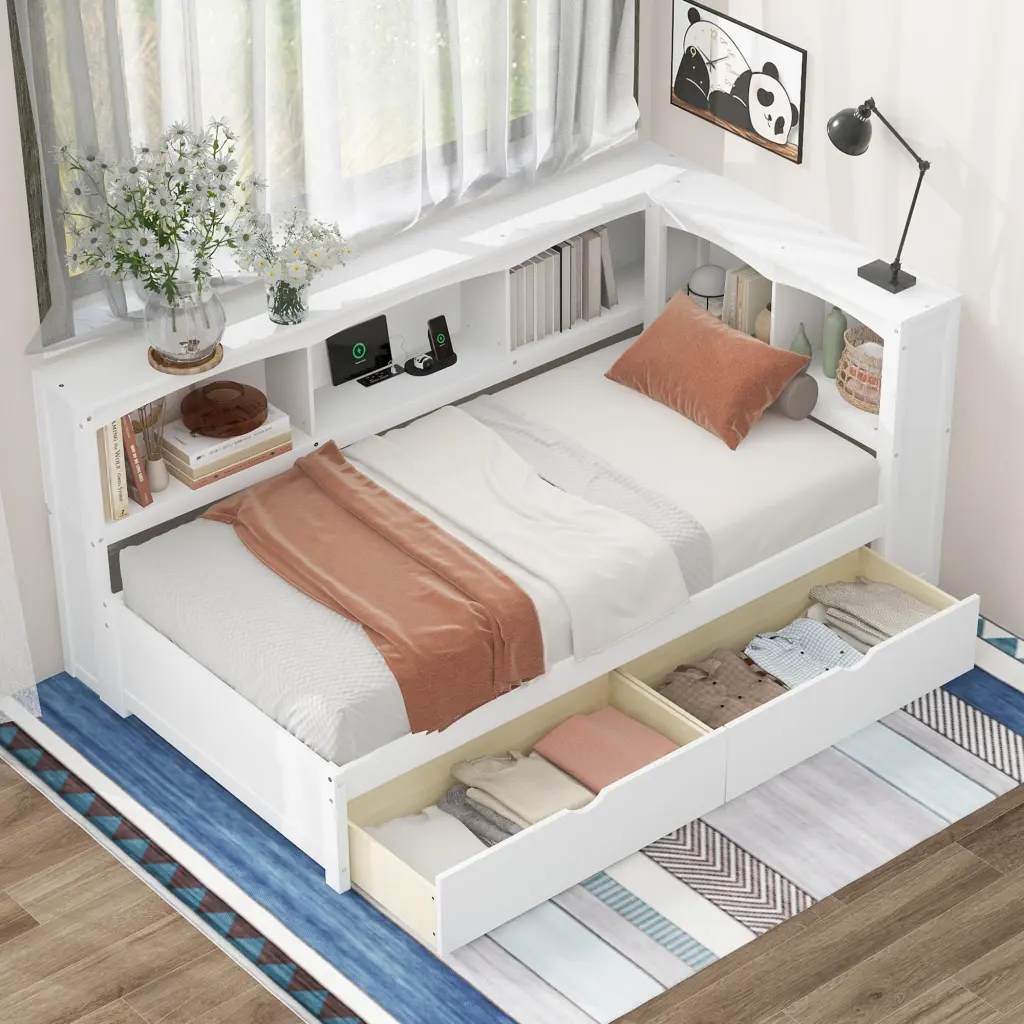 Twin Size Daybed Two Storage Drawers USB Ports and Cabinets wm store