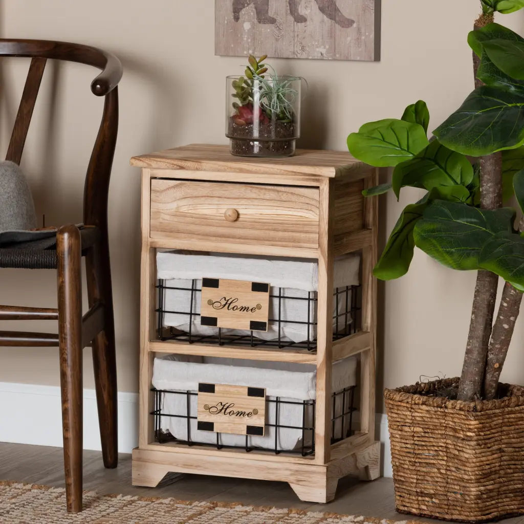 Baxton Studio Madra Modern Contemporary Oak Brown Finished Wood 1-Drawer End Table Baskets