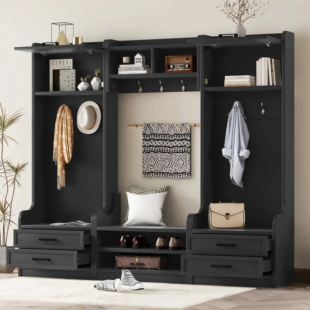 4 1 Detachable Hall Tree Storage and 7 Hooks, Multiple Function Entryway Organizer bonwell