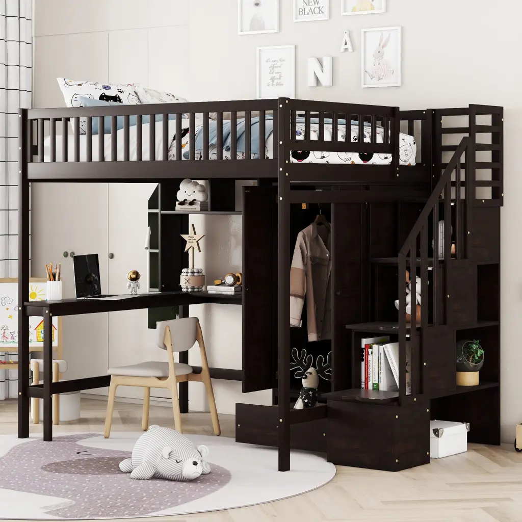 Full Loft Bed Bookshelf Drawers Desk and Wardrobe Espresso lucky furniture