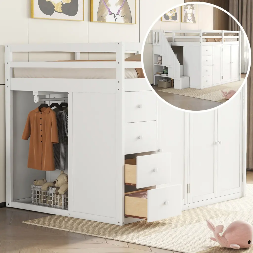 Full Size Wood Loft Bed Built Wardrobes Cabinets And Drawers lucky furniture