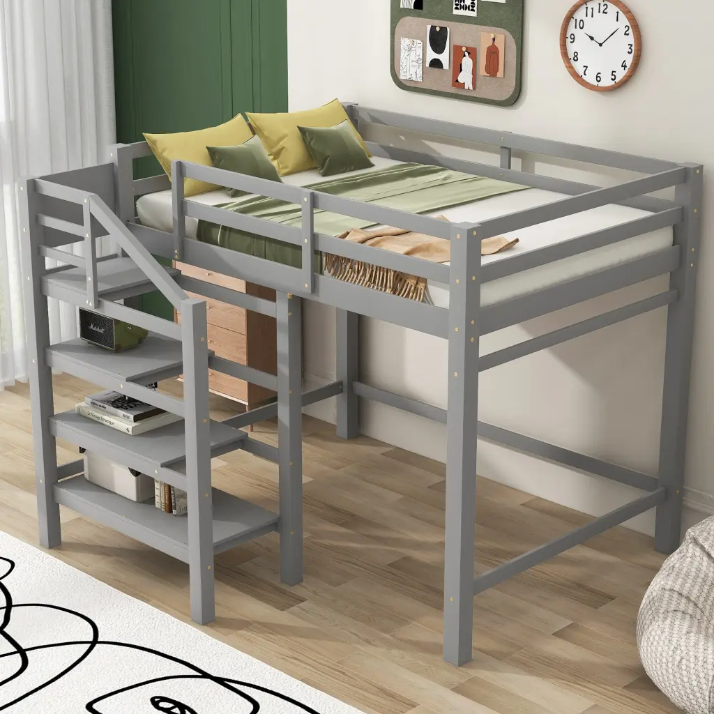 Full Size Loft Bed Built- Storage Staircase and Clothes Hanger wm store