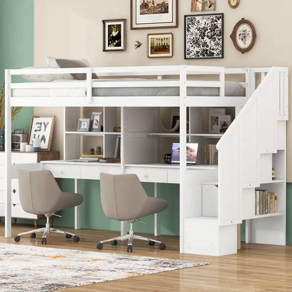 Twin Loft Bed Frame Storage Staircase And Double Desks And Shelves wm store