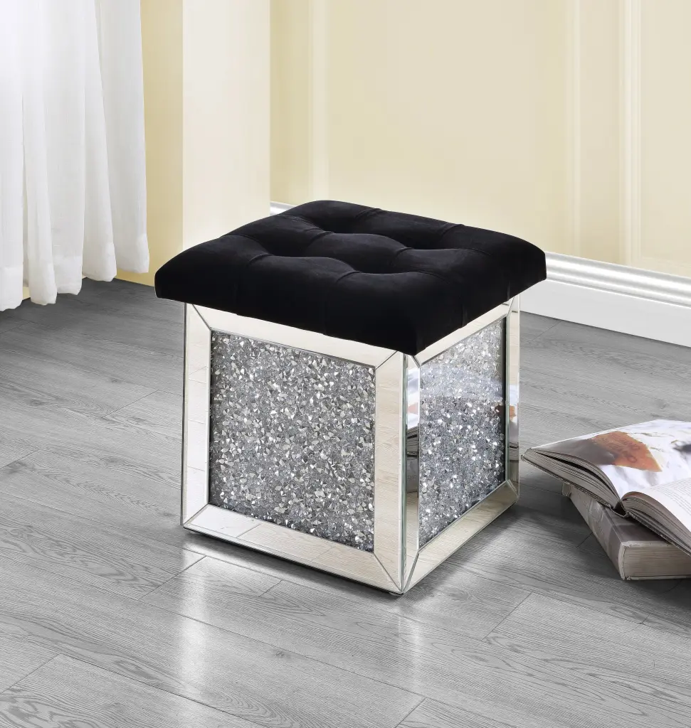 Noralie Ottoman Storage Mirrored Faux Diamonds Silver Glass Living Room Decor acme onsite store