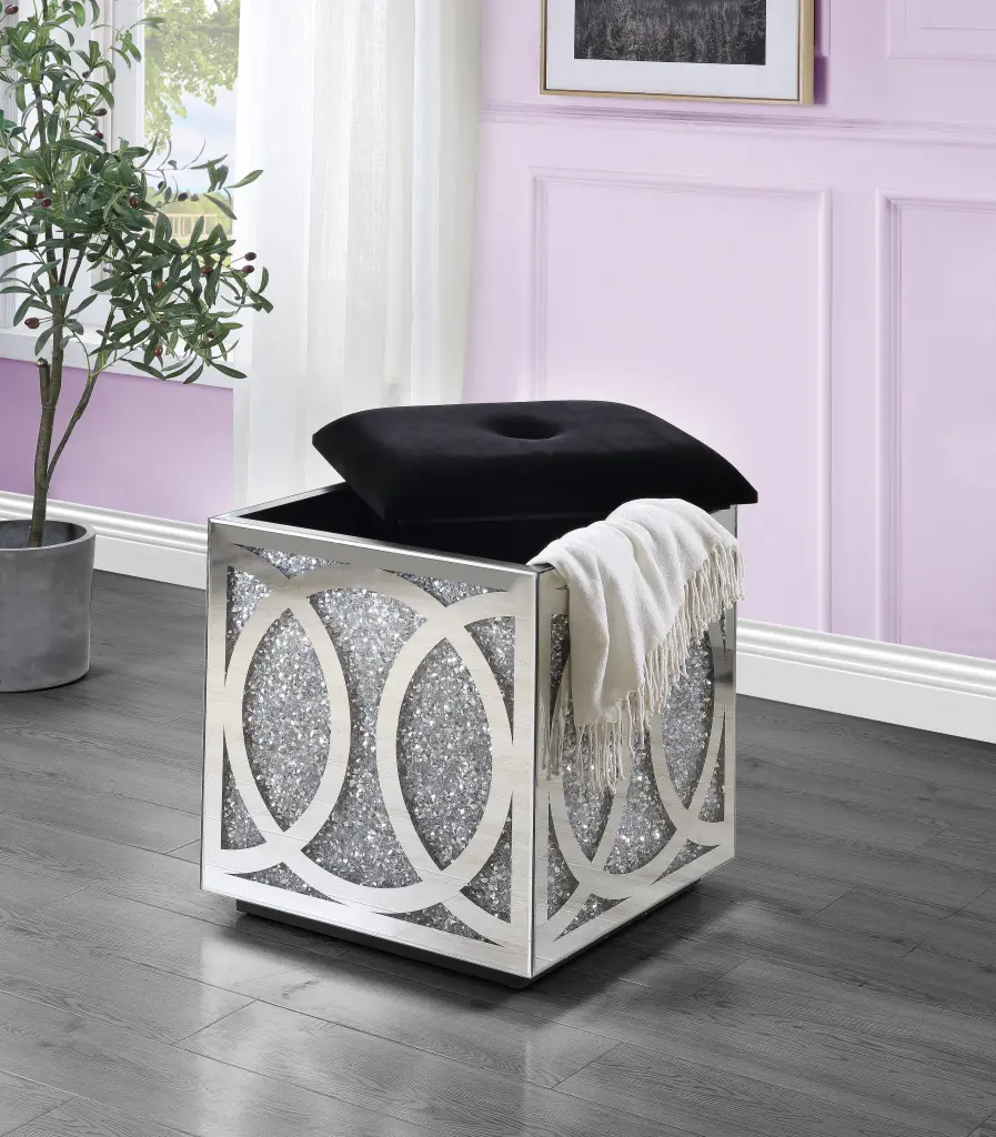 Noralie Ottoman Storage Mirrored & Faux Diamonds Ac00529 Silver Glass Top acme onsite store