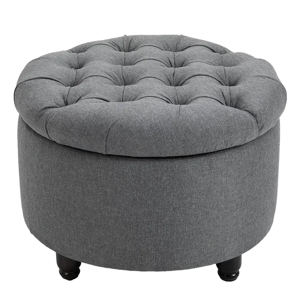 Homcom Round Linen Touch Fabric Storage Footstool Ottoman Button Tufted aosom business