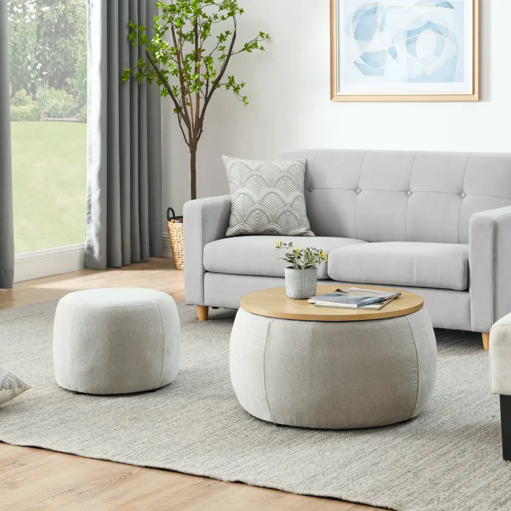Round Storage Ottoman 2 1 Function Works as End Table and Ottoman chuangyuan smart home