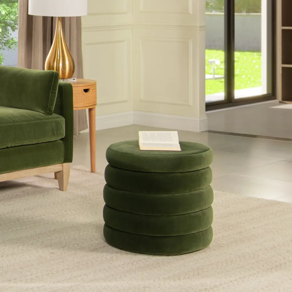 Fuji 19 Inch Oversized Round Storage Ottoman Olive Green Performance Velvet jennifer taylor home