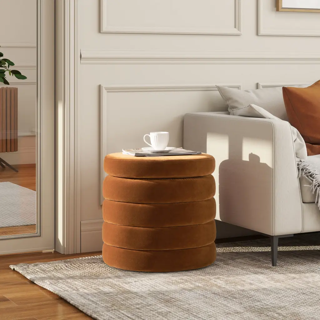 Fuji 19 Inch Oversized Round Storage Ottoman Burnt Orange Velvet Footrest Storage jennifer taylor home