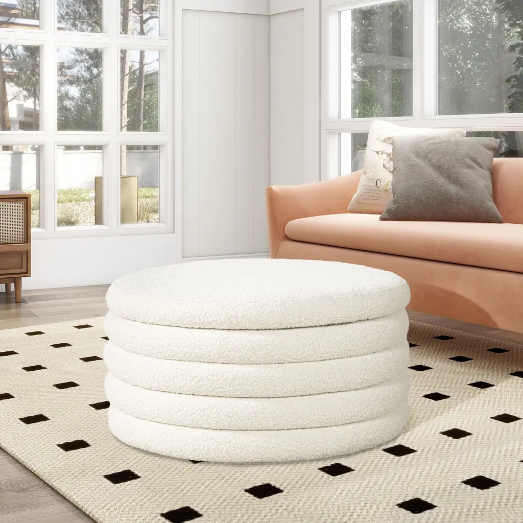Fuji 36 Inch Round Upholstered Storage Cocktail Ottoman Ivory White Boucle jennifer taylor home