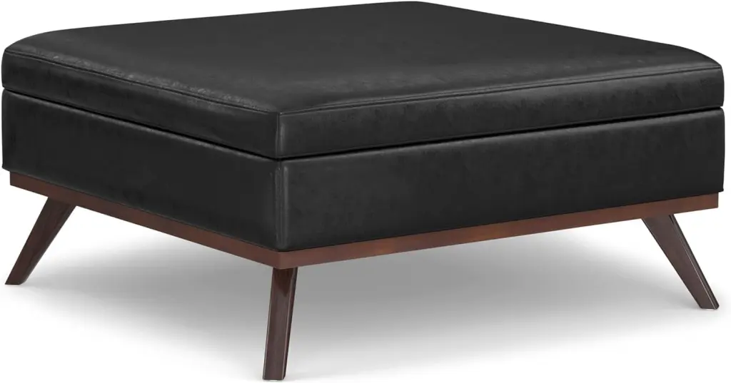 KUANGHENG Owen 41 Inch Wide Mid Century Modern Square XL Coffee Table Storage Ottoman Distressed Black Vegan Faux Leather