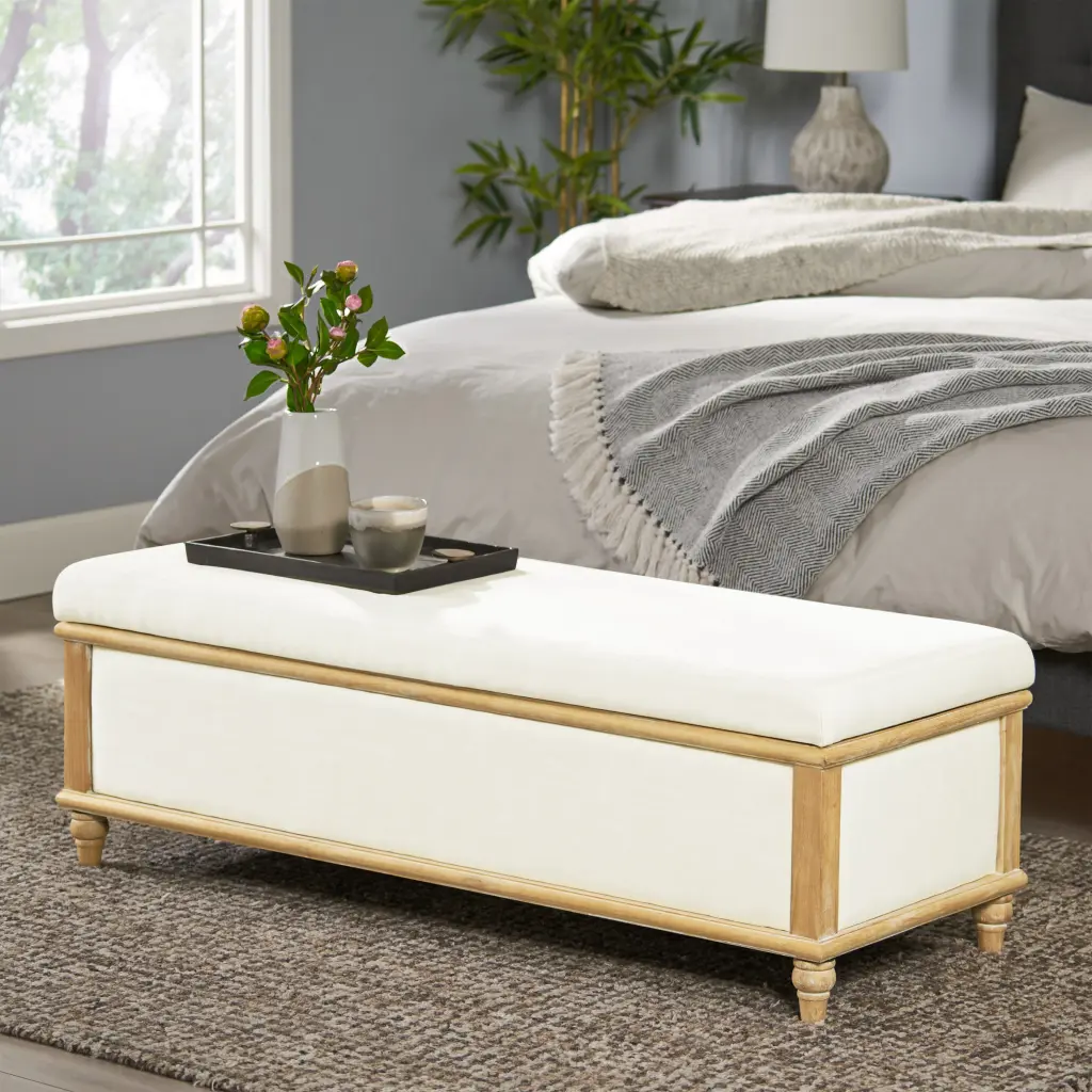 Osgood White Storage Ottoman Wood Fabric Footrest Bench nh-an