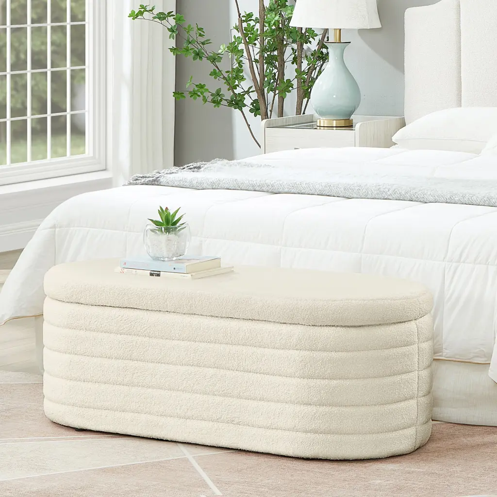 Modern Oval Storage Ottoman Bench Upholstered Boucle Teddy Fabric wm home furniture