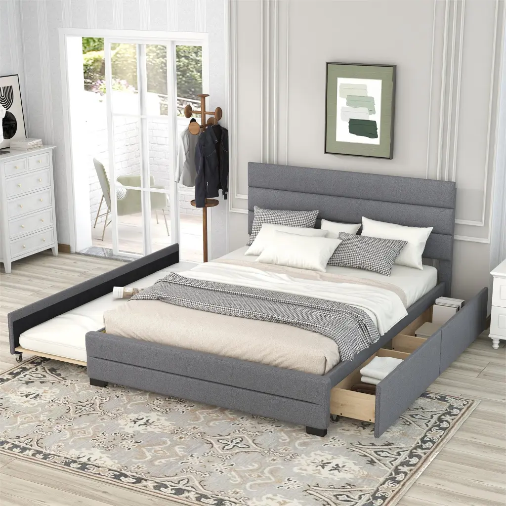 Queen Upholstered Platform Bed Twin Trundle and Two Drawers wm store