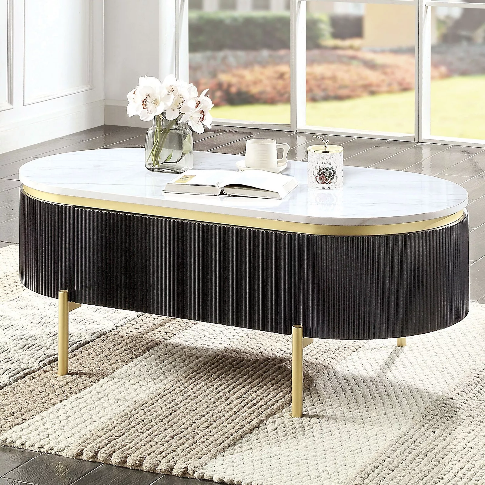 Glam Style Dark Walnut Coffee Table Drawer Gold Steel Legs Luxe Living Room Esofastore