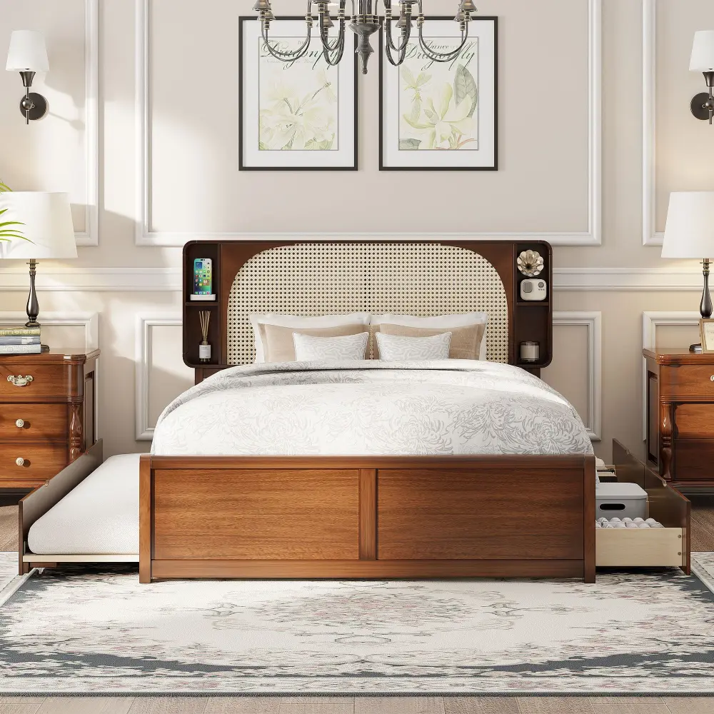Headboard Bed 2 Drawers And Trundle Sturdy Pine Wood