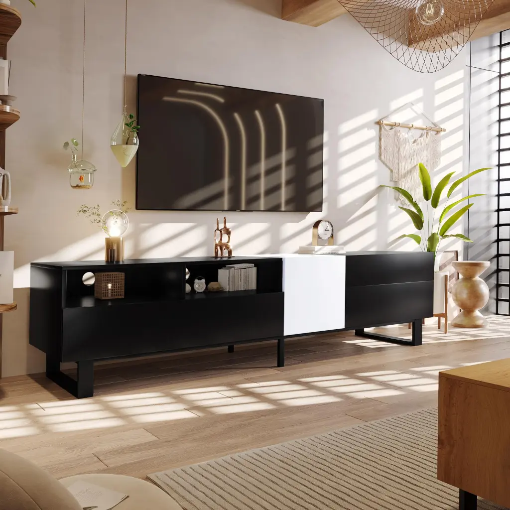 BaytoCare TV Stand Entertainment Center TVs Up to 80 Inches TV Media Console Cabinet Double Storage Black