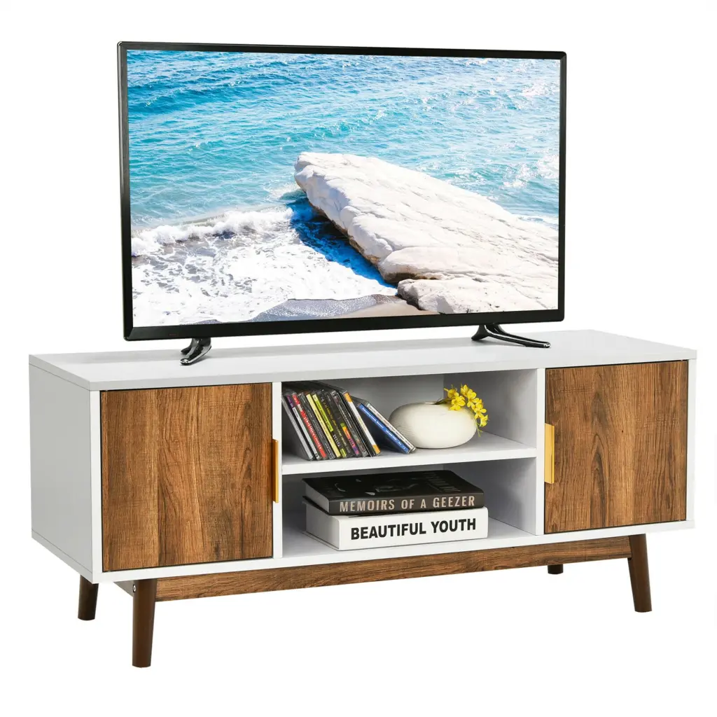 Gymax TV Stand 2 Storage Cabinets TVs up to 50 Brown White