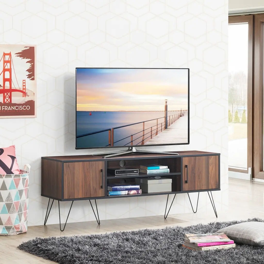 Gymax TV Stand Storage Shelves TVs up to 60 Inches Brown Entertainment Center