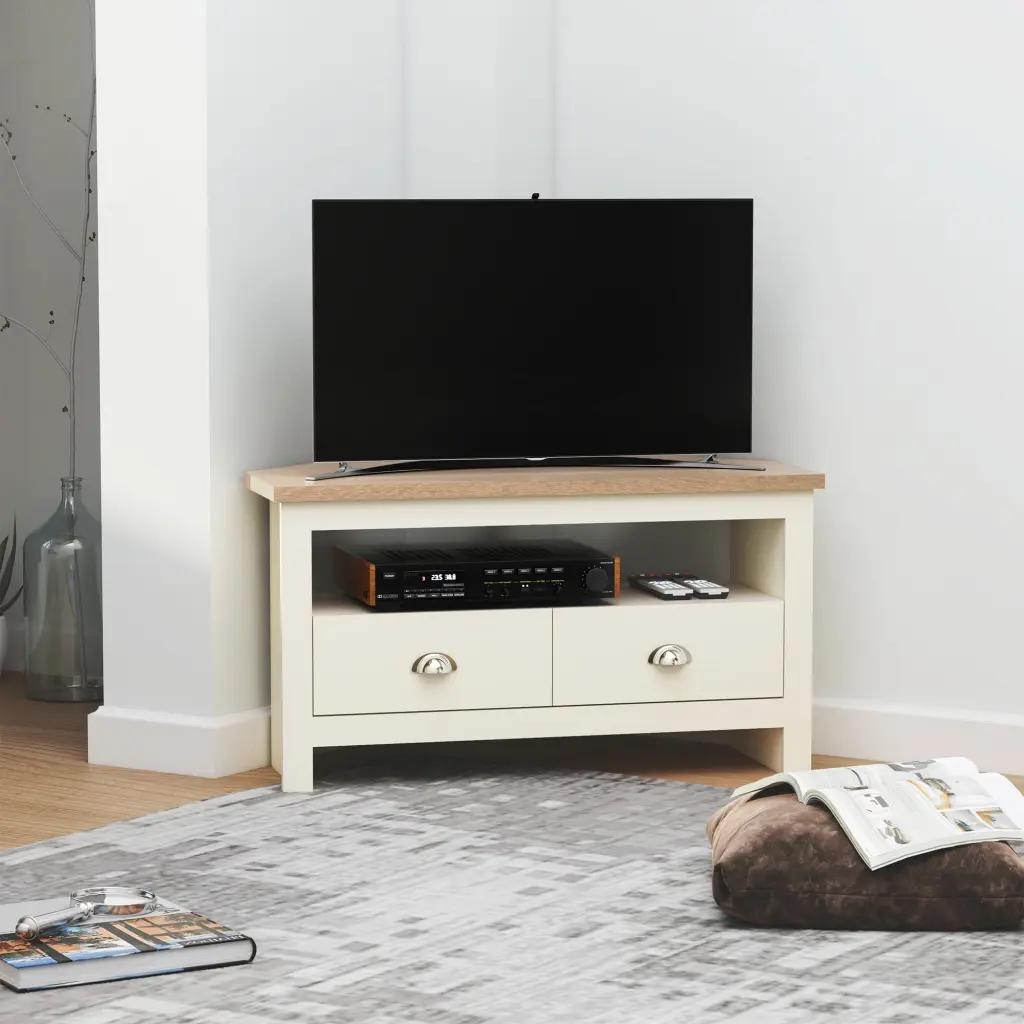 HOMCOM Corner TV Stand 50 Inch TVs Drawers and Open Storage Compartment White