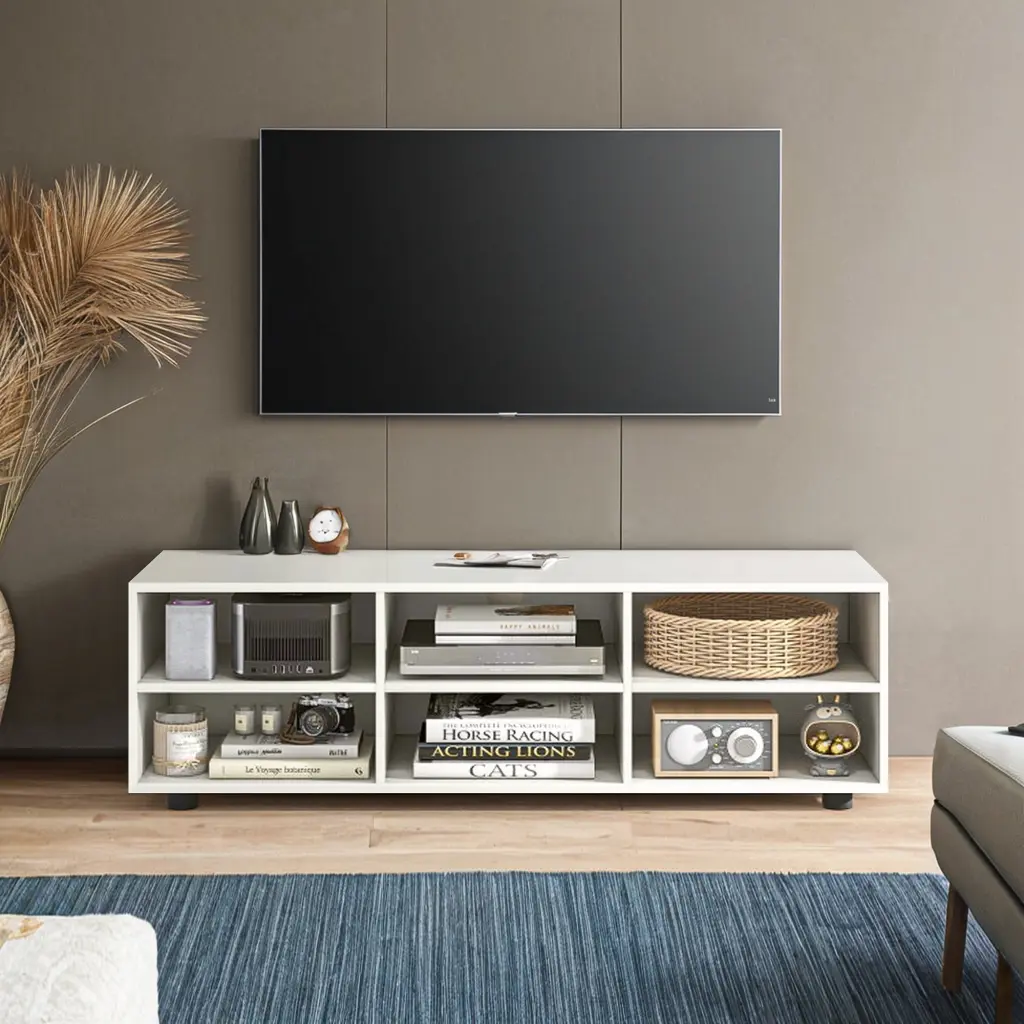 Kadyn White Wooden 6-Compartment TV Stand Storage 55 Inch TVs