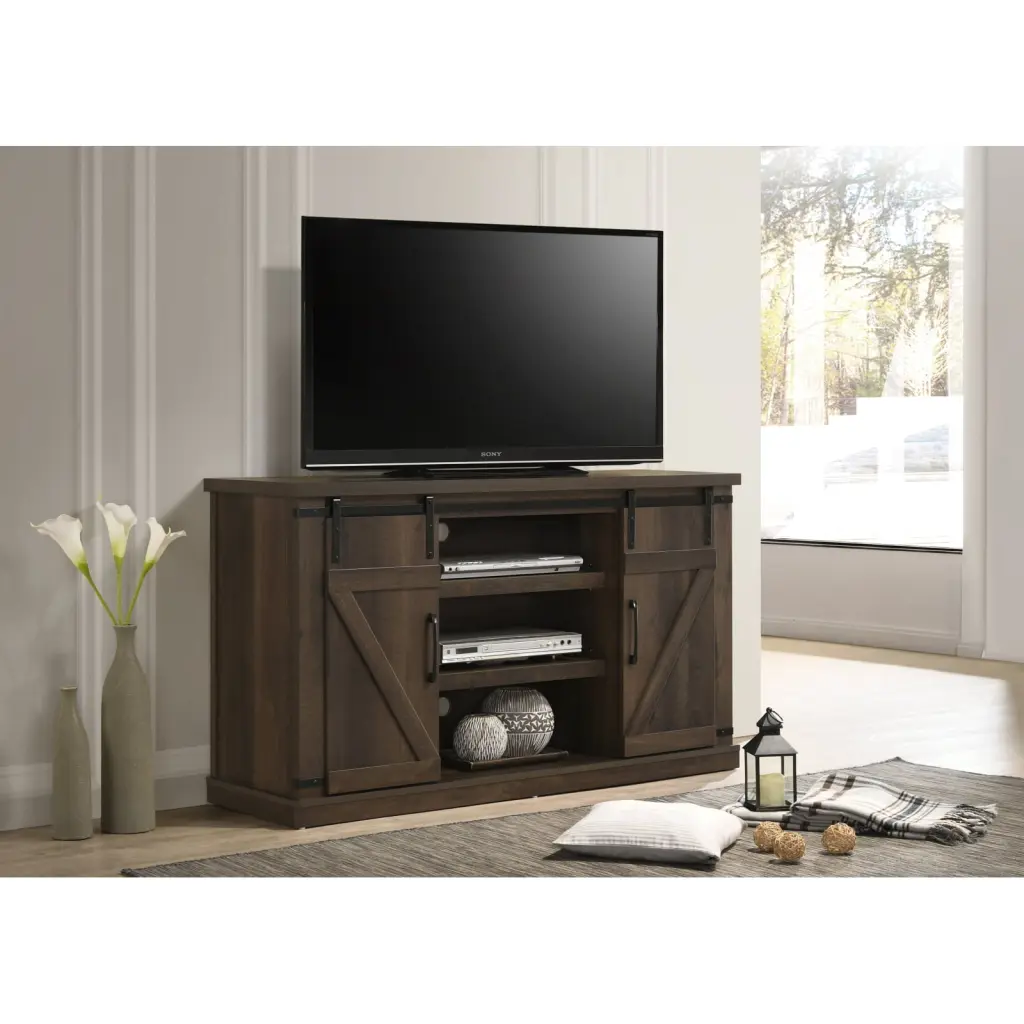 Asher 54-Inch Wide TV Stand Dark Dusty Brown Sliding Doors and Adjustable Shelves Ponnky
