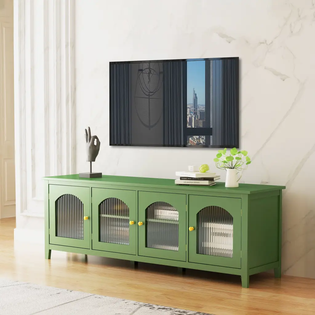 71-Inch Antique Green TV Media Stand Wood Frame and Glass Doors Triple Tree